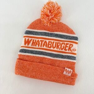 Whataburger Beanie Hat Unisex One Size‎ Orange Pom Pom Knit Cuffed Winter Cap